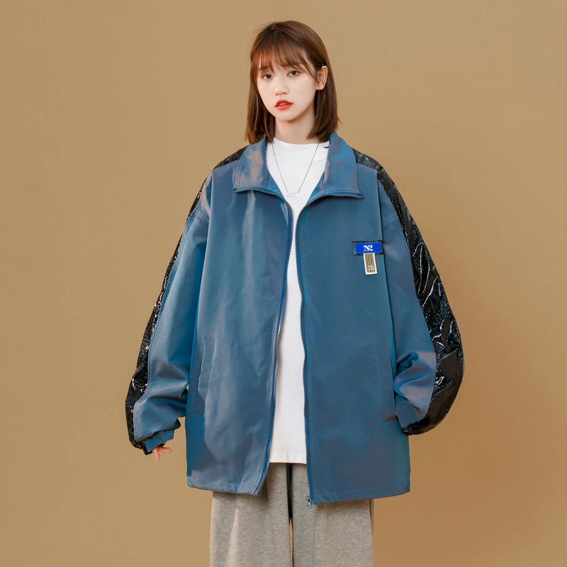 

Блестящая Светоотражающая куртка, женская одежда на весну и осень, повседневные куртки, свободная уличная бейсбольная форма, пальто для девушек, верхняя одежда D954