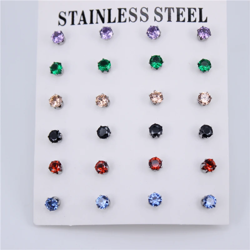 Diameter 4MM 12pair Нержавеющая сталь ювелирные изделия 12 пар/компл. множество различных цветовых Диаметр с диагональю экрана 3-6 мм высокое качество серьги с цирконием кубической огранки для Для женщин ZN29 - Окраска металла: Diameter 4MM 12pair