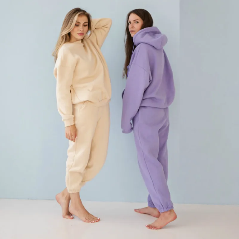 

Fitness Autumn Winter Fleece Hoodies Two Piece Set Jacket Suit Womens Tracksuits Jogger Pants Thick Warm Clothes Womens Solid