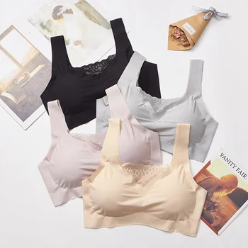 

Ice Silk Seamless Tube Top Lace Beauty Back Wrapped Chest Solid Color Lace Stitching Wide Shoulder Strap Stretch Sports Bra QHAG