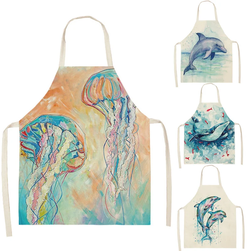 

1 Pcs Ocean animal whale Jellyfish Pattern Cleaning Aprons Home Cooking Kitchen Apron Cook Wear Cotton Linen Adult Bibs 66x47cm