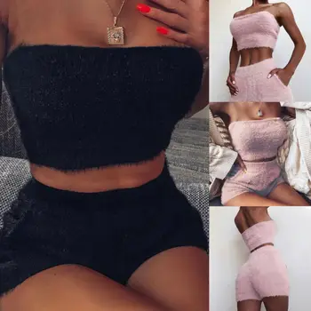 

Women 2 Piece Outfits Sleeveless Crop Top + Short Set Casual Plain Color Elegant Women Suit