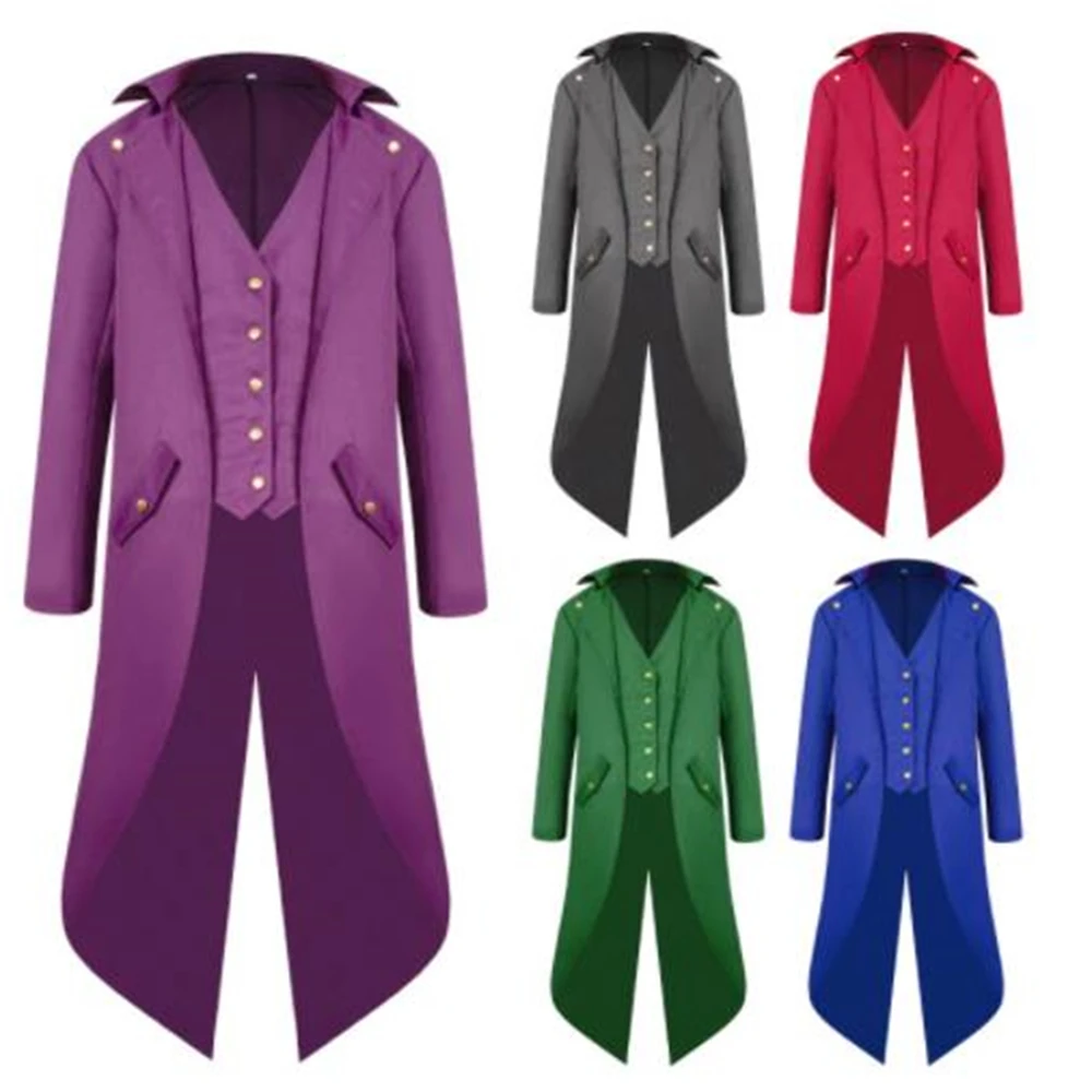 Mens Steampunk Gothic Jacket Victorian Tailcoat Vintage Halloween Costume Tuxedo Man Coat Uniform S-4xl Black Red Purple Green steampunk jacket