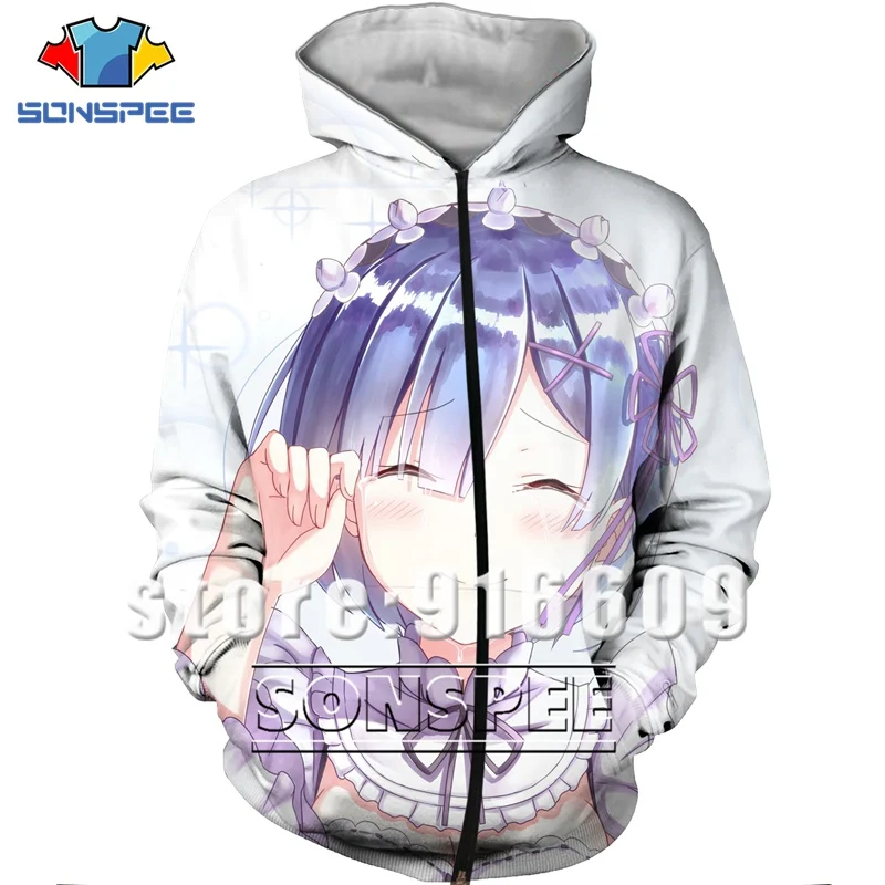 Re Zero Rem 3D Print Hooded Sweatshirt Women Men Ram Anime Hoodies Casual Design Jacket Harajuku style Pullover Zipper Hoodie (1)