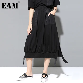 

[EAM] 2020 New Spring Summer High Elastic Waist Black Ribbon Split Joint Loos Temperament Half-body Skirt Women Fashion JX502