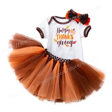 

First Thanksgiving Outfit Toddler Baby Girls Clothes Rompers+Skirt+Headband Outfit Girl Dresses