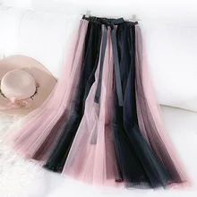 Женские Асимметричные тюлевые юбки Эластичная Высокая талия сетчатая юбка-пачка со складками Длинная Юбка-миди Saias Faldas Jupe Femmle