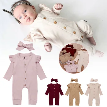 

2020 Newborn Baby Girl Boy Clothes Long Sleeve Knitted Romper + Headband Jumpsuit 2PCS 4 Color 0-24M