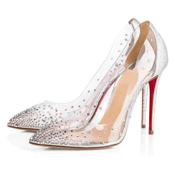 

Red Bottom High Heels Stilettos Clear Gold Silver Pumps Crystal Rhinestone Wedding Shoes Bride Woman Transparent Party 12cm 3.14
