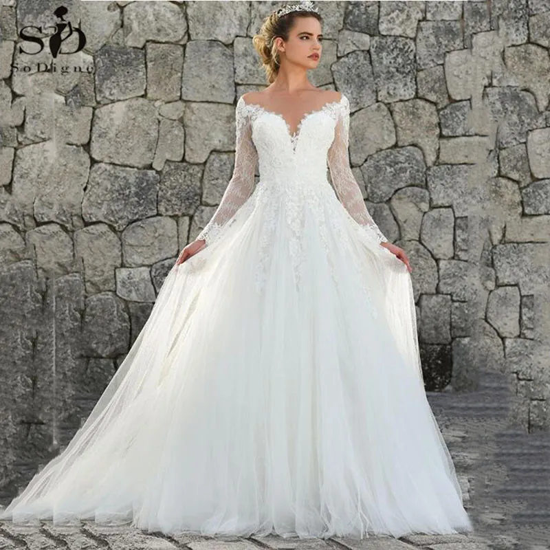 

A-Line Tulle Wedding Gowns Lace Appliques Long Sleeve Wedding Dress Custom Made Princess Bridal Dress Vestios De Novia