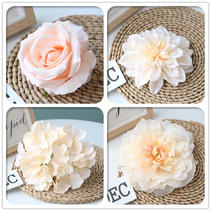 

Champagne Color Artificial Flower Wedding Rose Peony Hydrangea Plant Bouquet Wedding Decoration DIY Home Party Fake Flowers