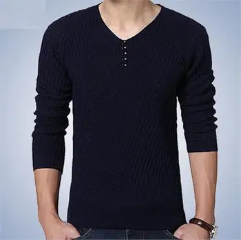 

OLOEY 2019 Men Knitted T Shirt Long Sleeve V-Neck Solid Button Men's T Shirt Autumn Fashion Slim Fit Brand New Tee Tops Male