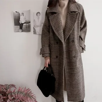 

Elegant Thick Plaid Woolen Coat Women Fashion Houndstooth Long Trench Female Plus Size Overcoat