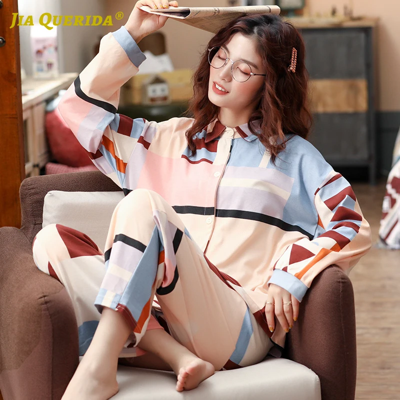 

Lady Pijama Set Sleepwear Colour-stitched Clothing Womens Pajamas Long Sleeves Pants 2020 Spring New Minimalist Style Nightwear