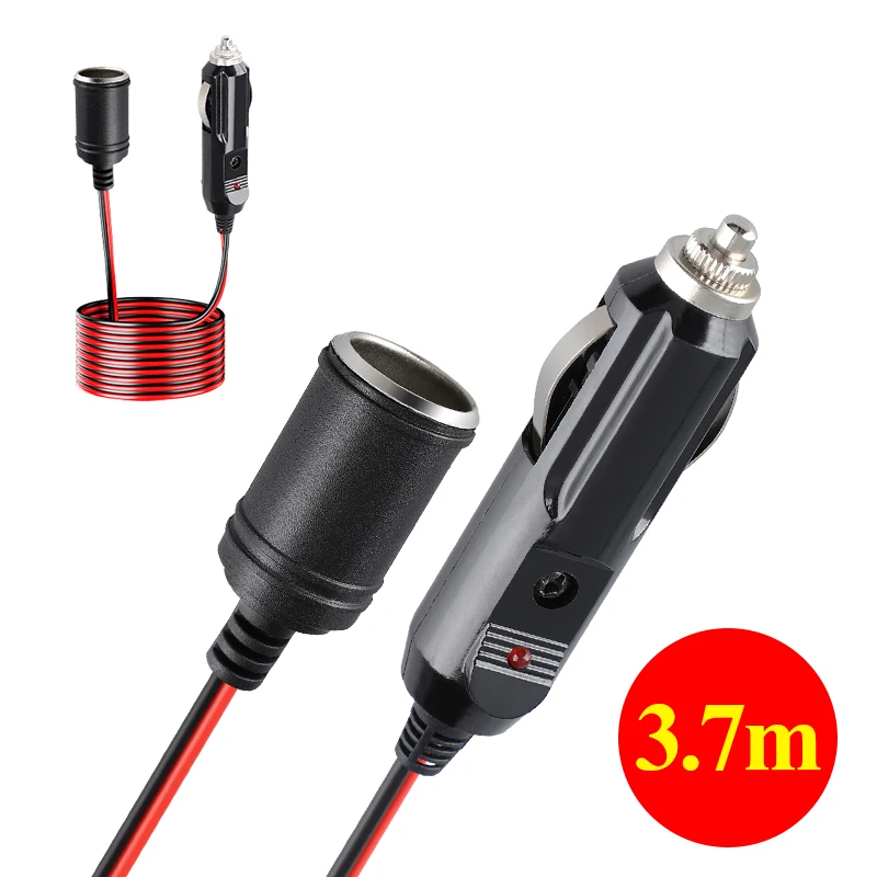 

12V 12' Foot Heavy Duty Extension Cord Cigarette Lighter 3.7M Cable Car Accessory Charger Power Adapter Socket Plug Splitter