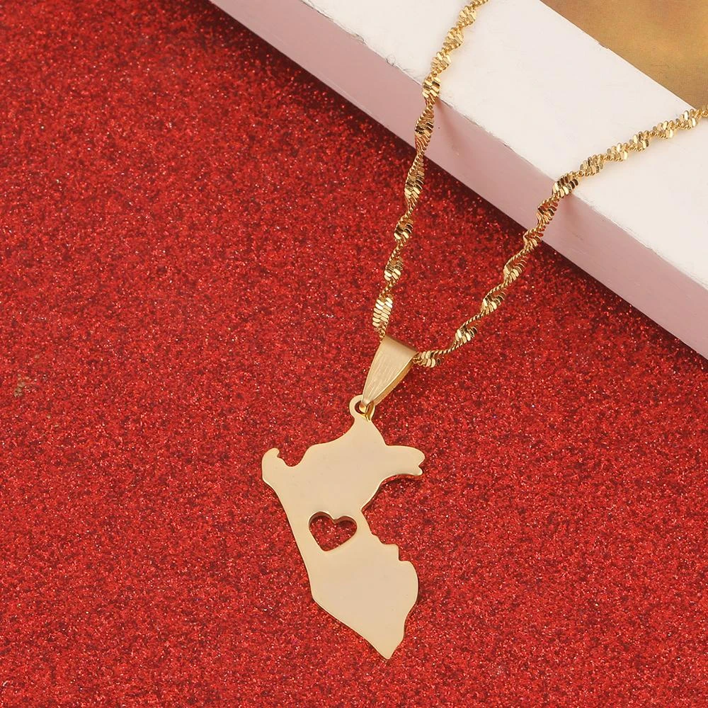 Collares con colgante de mapa de Perú, dorado, acero inoxidable, mapa de cadena de corazón peruano, joyería|Colgantes| - AliExpress