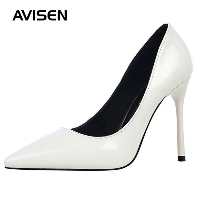 

2019 Fashion Women Office Shoes High Heels Bright Leather Solid Color Ladies Pump Pointed Toe Slip-on Autumn Woman High Heels