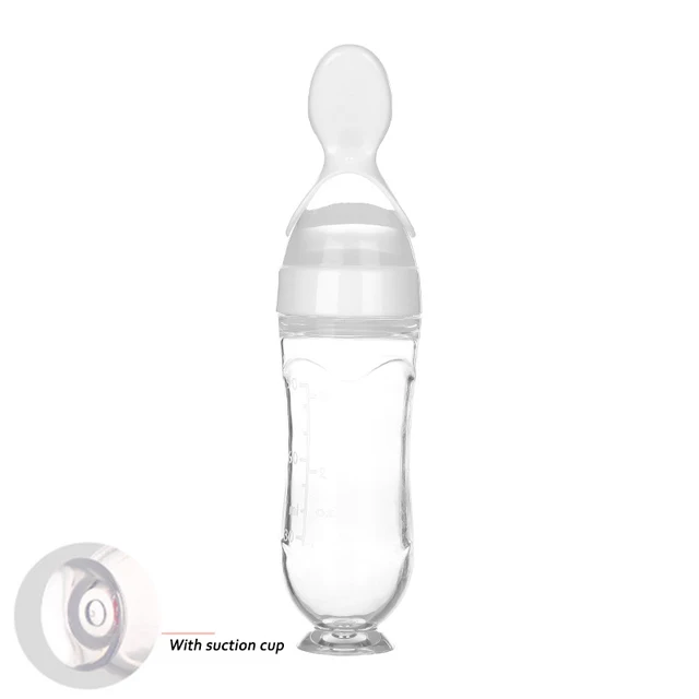 90ML Safe Newborn Baby Feeding Bottle Toddler Silicone Squeeze Feeding Spoon Milk Bottle Baby Training Feeder Food Supplement White With suction