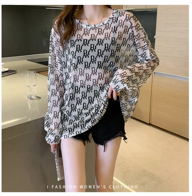 Disney 2021 Summer Famous Anime Mickey Mouse Brand Mesh Shirt Women Sun Protection Transparent Long Sleeve Blouse Ladies T-shirt 3750 White
