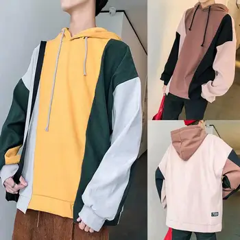 

ZACOO Men Fashion Loose Contrast Color Long Sleeve Pullover Hooded Sports Sweatshirt