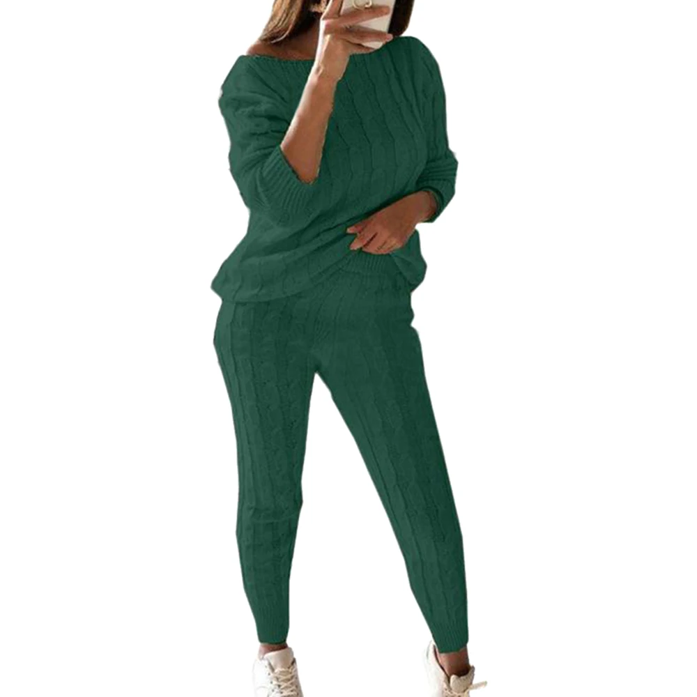 SHUJIN, осенний хлопковый женский спортивный костюм, комплект из 2 предметов, свитер, топ+ штаны, вязаный костюм, вязаный комплект с круглым вырезом, женская верхняя одежда, комплект из 2 предметов - Цвет: green 2