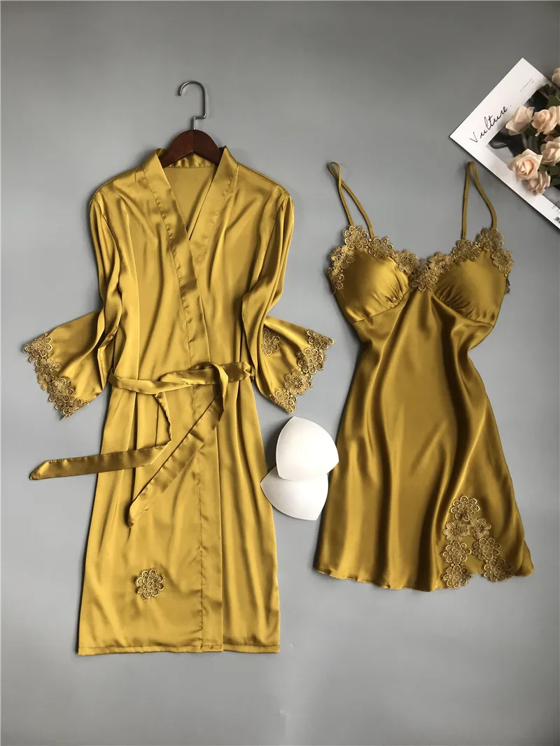 Осенне-зимняя женская ночная рубашка, комплект из 2 предметов, ночная рубашка, халат с нагрудной накладкой, женское атласное кимоно, банное платье, комплект одежды для сна