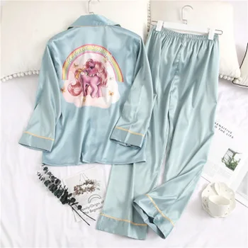 

HaloSweet Spring Sleepwear Slik Long Sleeves Unicorn Pajamas Suit Women Two Pieces Pants Set Home Wear Female Nighty Lady