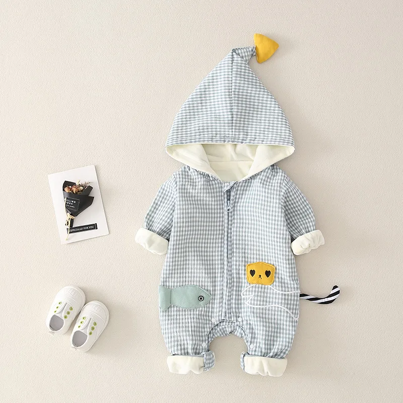 green Cartoon Kitten Goes Fishing Baby Hooded Outfits Romper Cotton Zipper Baby Rompers for Autumn Winter Infant Costume 6-24 Months - Цвет: green