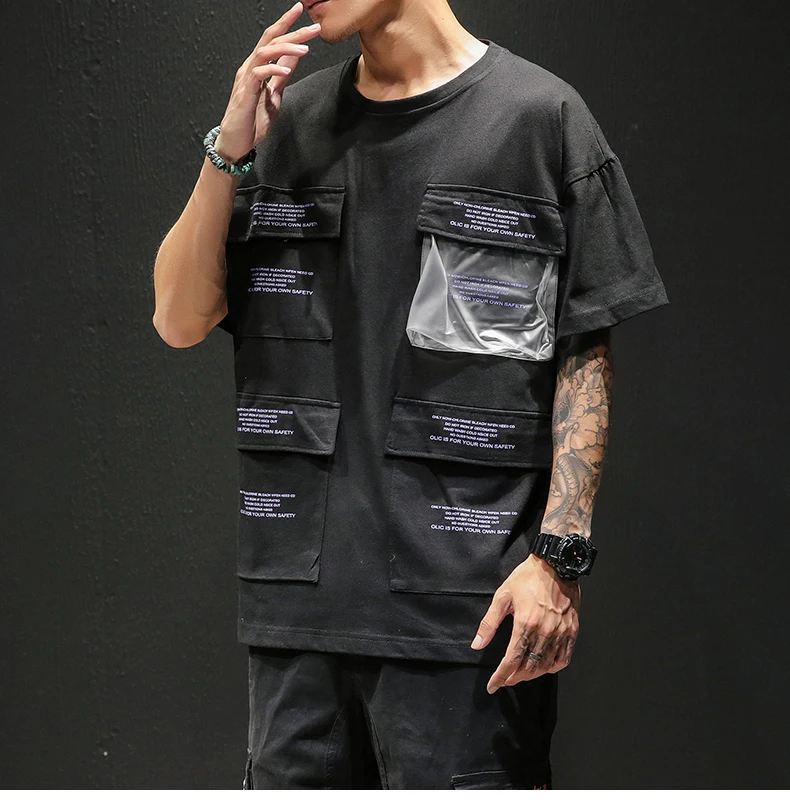 Мужские неоновые футболки с короткими рукавами и карманами в стиле хип-хоп, уличная одежда для мужчин