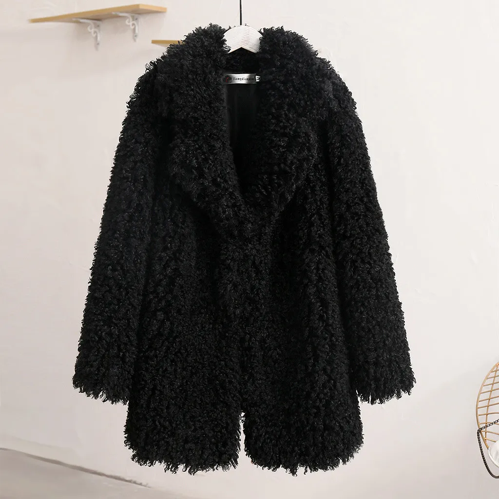 Меховое пальто модное женское осенне-зимнее толстое шерстяное плюшевое Свободное пальто с рукавами и отложным воротником теплое плюшевое Женское пальто куртка#45