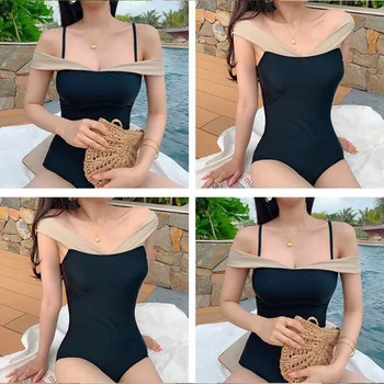 

New Arrived Black Strap Word Collar High Waist Solid One Piece Swimsuit Swimming Suit For Women Swim Suit Monokini Swimsuit