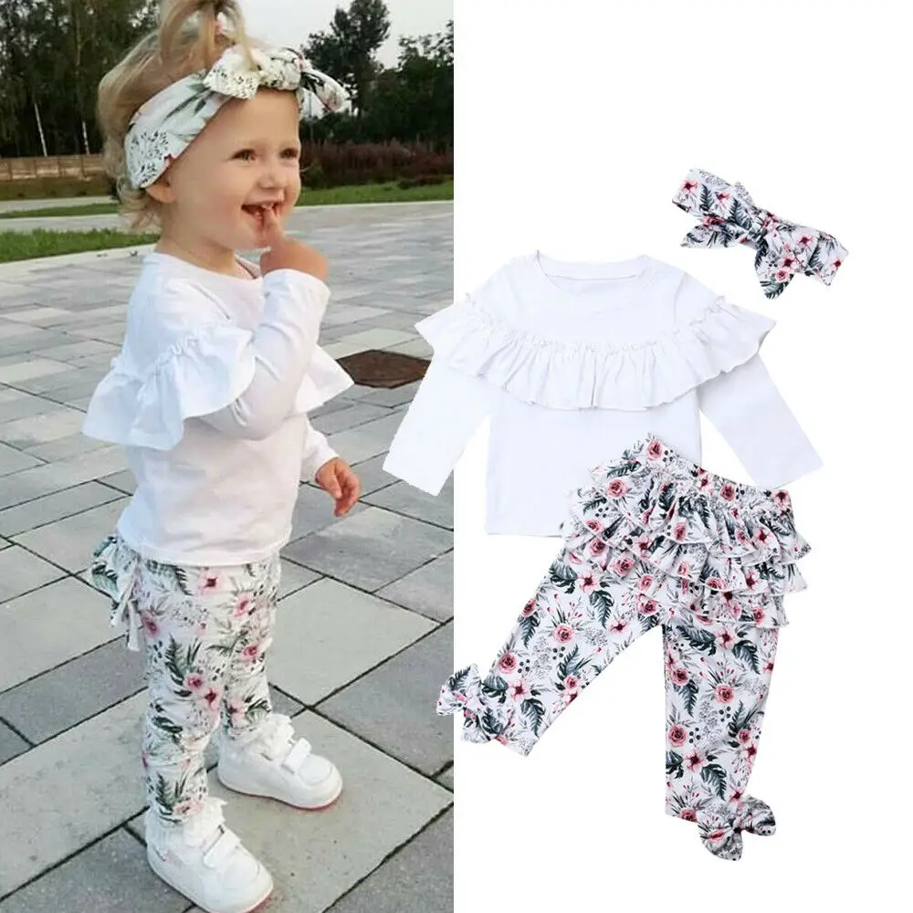 3pcs Toddler Kids Baby Girls Clothes Outfits Ruffle Tops Dress+Floral Pants Set