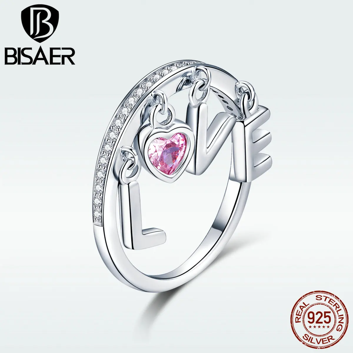BISAER, 925 пробы, серебряное кольцо с камнем, розовое сердце, любовь, кольца на палец для женщин, свадебное, на помолвку, Заявление, ювелирные изделия HSR503