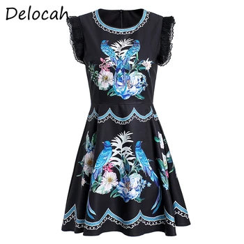 

Delocah Women Fashion Summer Designer Short Dress Short Sleeve Lace Crystal Beading Floral Print Female A-Line Dresses vestidos
