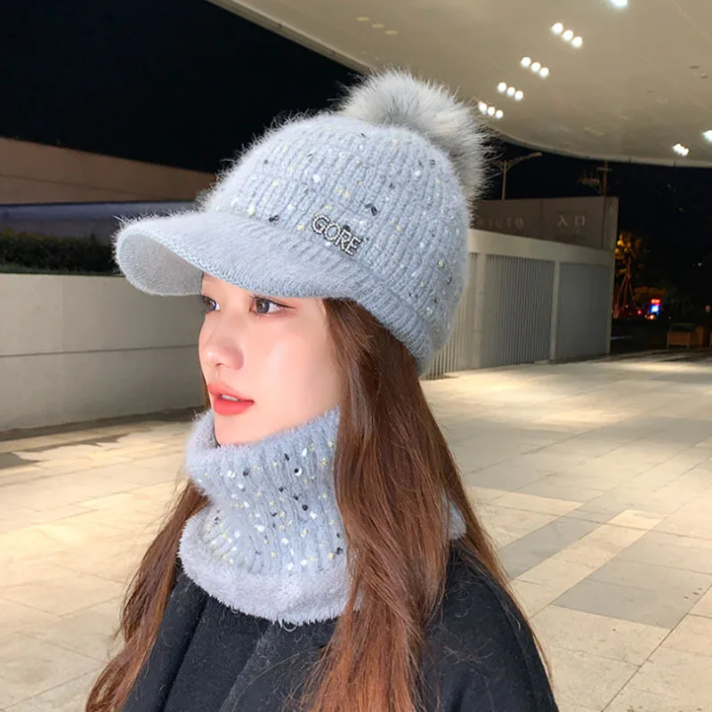 New Winter Visor Hats Women Mixed color knit Beanie Skullies Hat Female Thick Veet Hair Ball Warm Bonnet Caps Bib Set_voghion.com