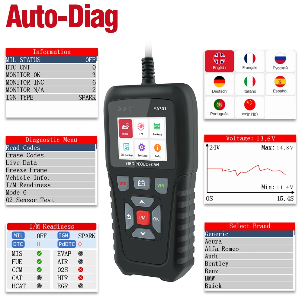 udiag Obd2 Scanner Car Code Reader Diagnostic Tool Error Code Readers Auto Engine Trouble Scanner for Cars Universal Automotive Tools Check Indicator Light MIL Erase Fault Codes Identify Vehicle VIN