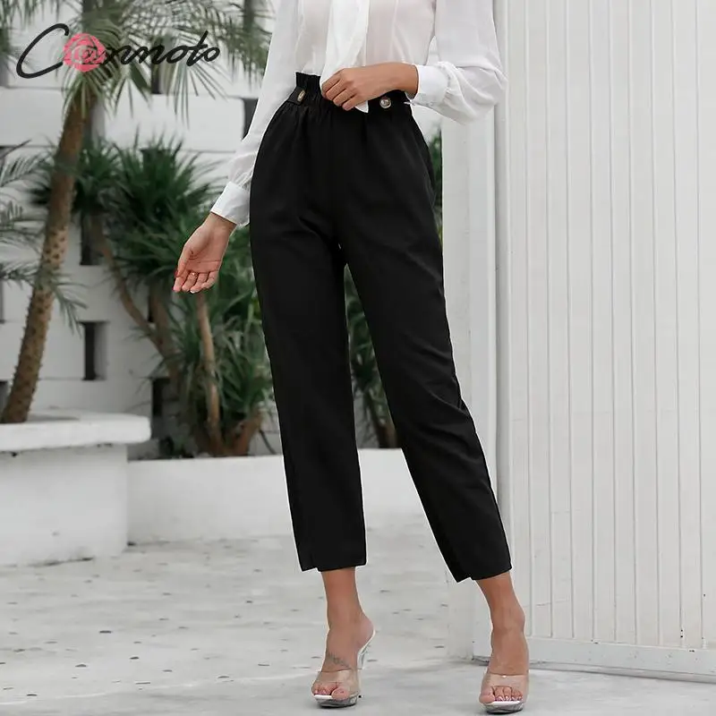 Conmoto осень зима черные женские брюки 2019 эластичные брюки с пуговицами женские большие размеры брюки из гарема модные брюки