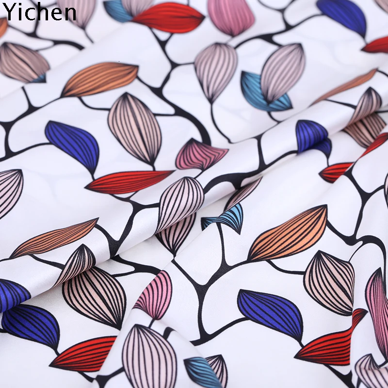 Абстрактная цветная шелковая ткань с принтом в виде листьев, 93% натуральный и 7% спандекс, эластичная атласная ткань, платье-рубашка тутового цвета
