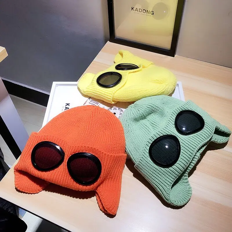 Зимняя вязаная шапка теплая шапочки Skullies Лыжная Шапка со Съемные очки для женщин и мужчин Кепка для занятий спортом на открытом воздухе