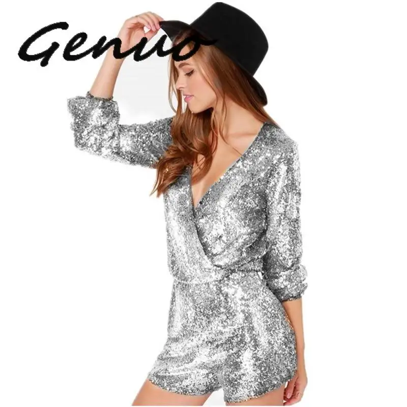 Genuo Sexy Women Sequins Glitter Jumpsuit Sequins V-Neck Party Jumpsuits Body Long Sleeve One Piece Shorts Streetwear Playsuits