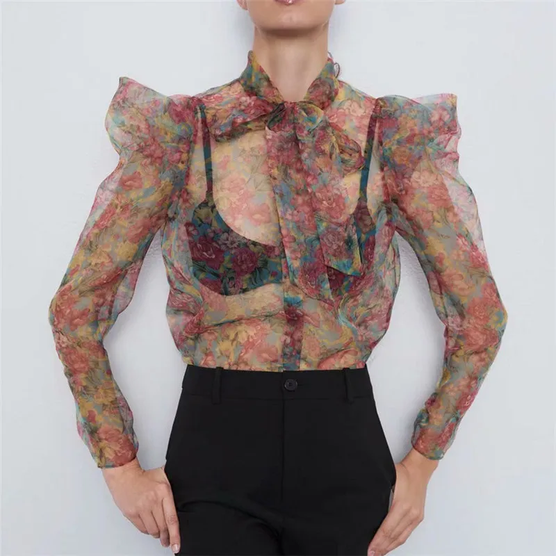 Cena 2019 nowy kobiety sexy kwiatowy organze bluzka przezroczysty styl muszka kołnierz z długim rękawem kobiet przepuszczalność chic topy blusas