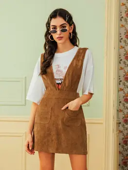 

2019 New Fashion Ladies Mini Skirt Preppy Style High Waist Pockets Stretch Flared Short Suspender Brown Corduroy