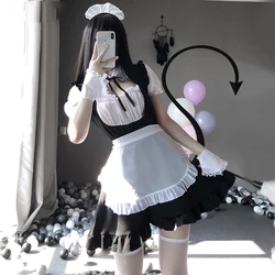 Cosplay Anime Uniform Temptation Suit Sexy Maid Cute Lace Up Black and White Maid Dress Role Play Costume Transparent Chiffon