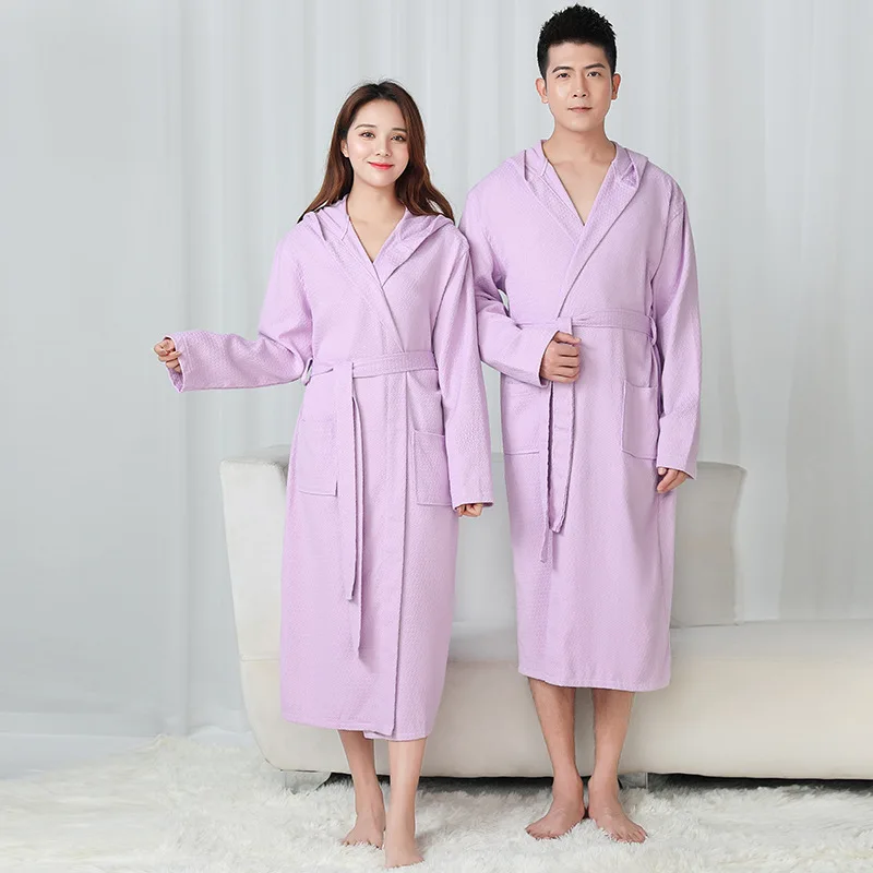100% Cotton Waffle Bathrobes Hooded Couple Bathrobes Hotel White Nightgown Novelty Spring Autumn Nighties-price only one robe.