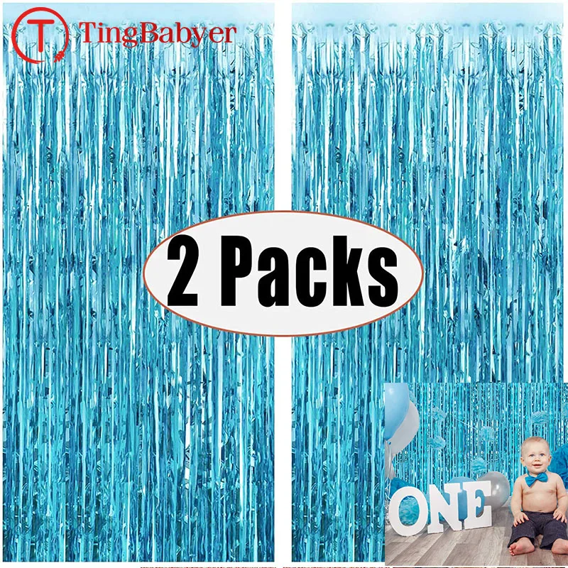 2Pack 1X2M Blue Rain Tinsel Curtain First Happy Birthday Decoration Adult Kids Baby Boy Girl 1st One Year Party Garland Decor Party Decorations Birthday Streamers