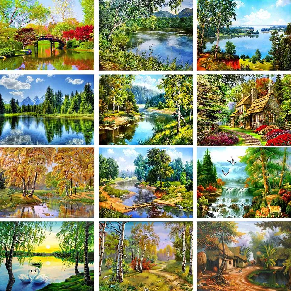 DIY 5D Diamond Painting Landscape Painting Waterfall Sunset Square/Round Diamond Cross Stitch Kit Rhinestone Embroidery Mosaic