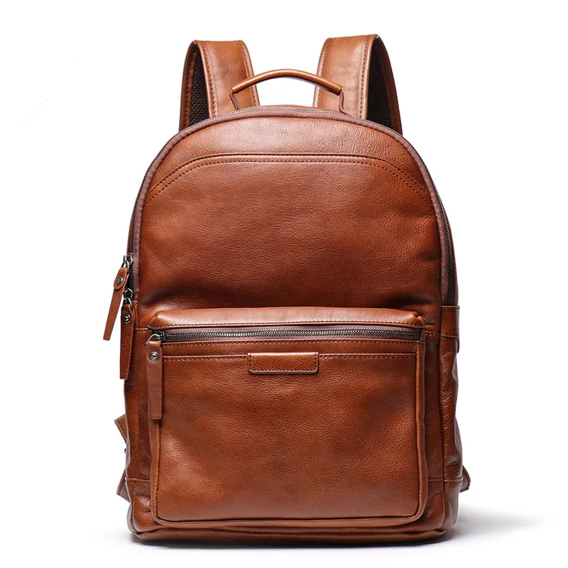 Neouo Brown Large Capacity Soft Leather Business Travel Backpack Front View