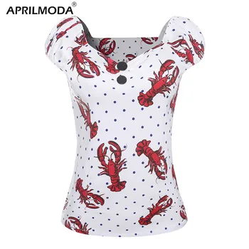 

Fun Lobster Print Vintage Blouse Women Plus Size Tops Short Sleeve Gothic Womens Tops and Blouses Floral 40s 50s 60s Ladies tops