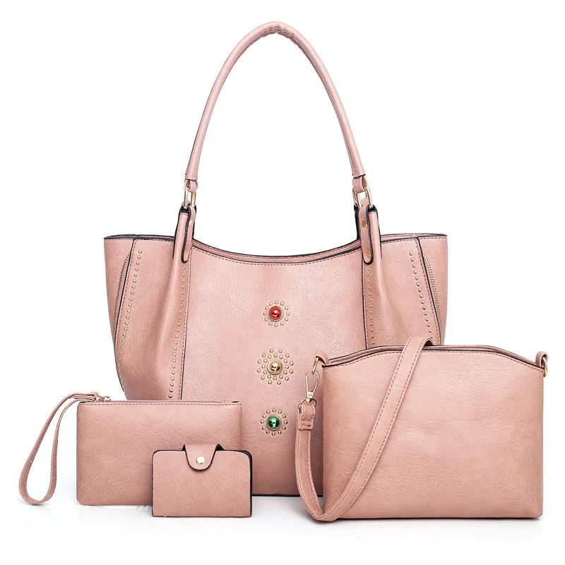 

Europe And America WOMEN'S Bag 2019 New Style Fashion Rivet Generous Bag Hand Shoulder Oblique Four-piece Set Different Size Bag