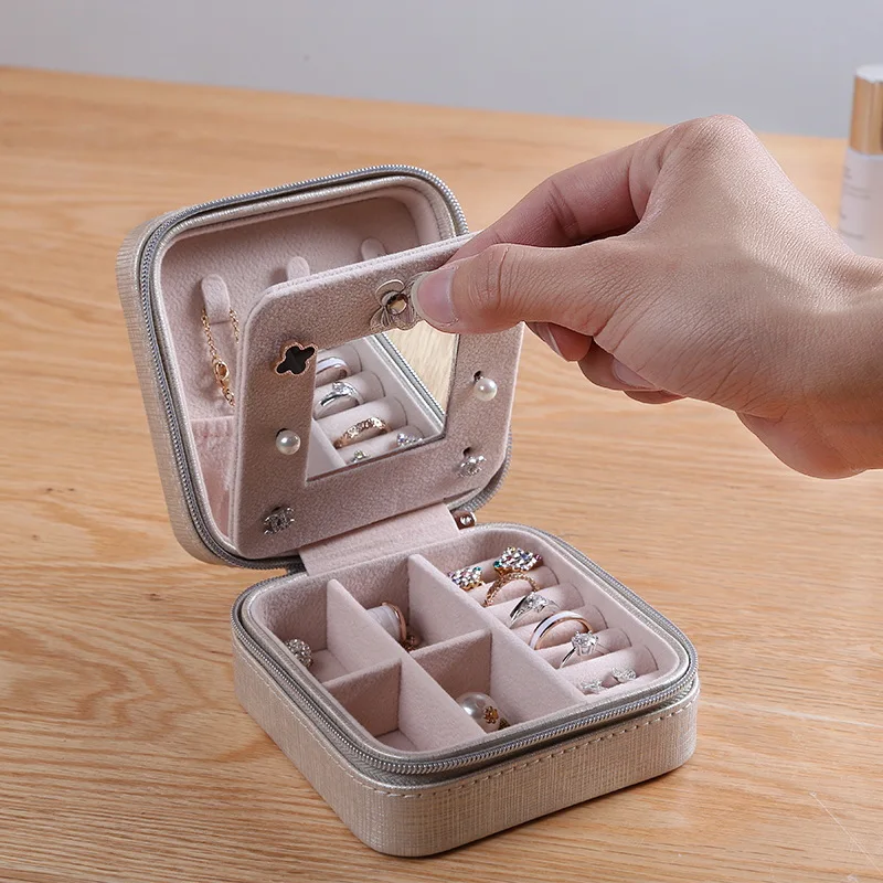 

Korean Style Fresh And Simple Girl Earrings Plate Jewelry Box Protable Leather Earrings Ring Multi-function Jewelry Storage Box